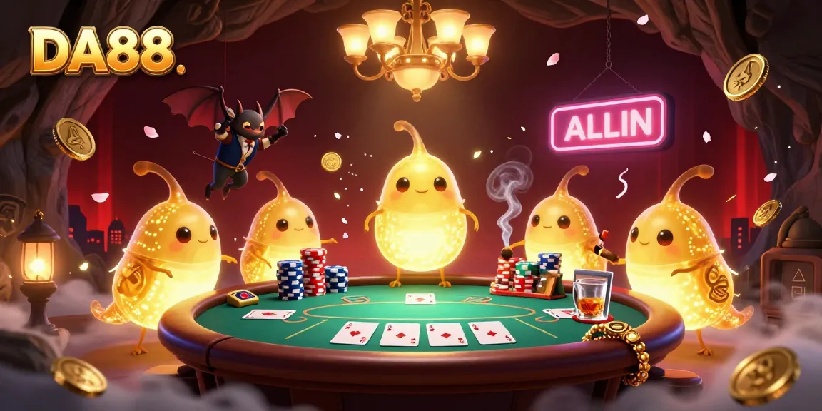 DA88 glowworms illuminate a poker table in a vibrant cave casino setting, showcasing high-stakes excitement.