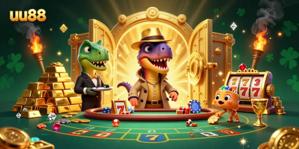 Experience thrilling blackjack action with uu88 featuring a cartoon velociraptor card counter in a 3D casino scene.