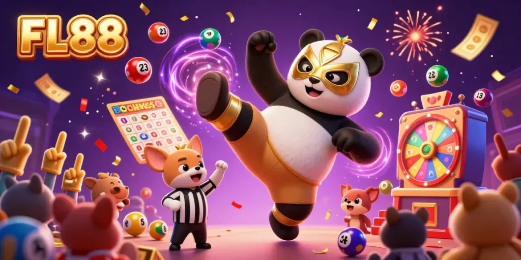 Engaging 3D scene featuring FL88 with a cartoon panda wrestler, celebrating in a dynamic casino atmosphere.