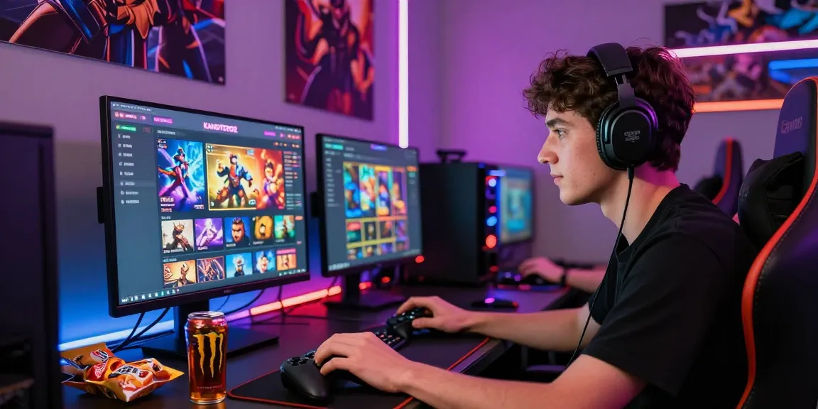 Pengguna memainkan game KANGTOTO2 dengan fokus di layar, dikelilingi suasana gaming yang ceria.