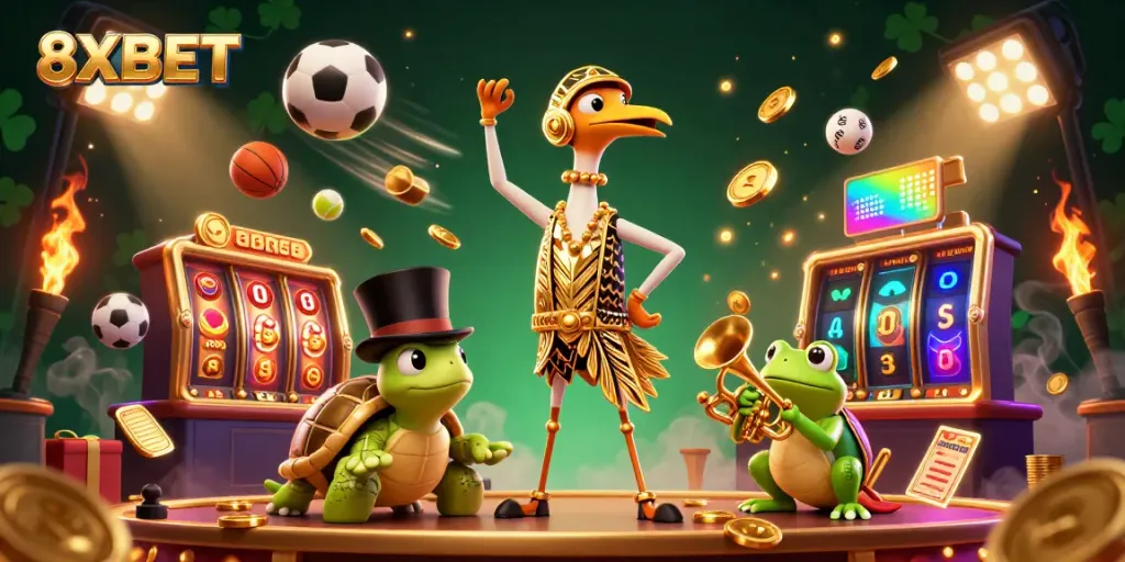 Engage in the vibrant world of 8XBET, featuring dynamic characters amidst captivating casino elements and slot games.