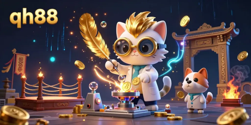 Experience the excitement of qh88 with a vibrant 3D illustration showcasing fun casino elements and characters.