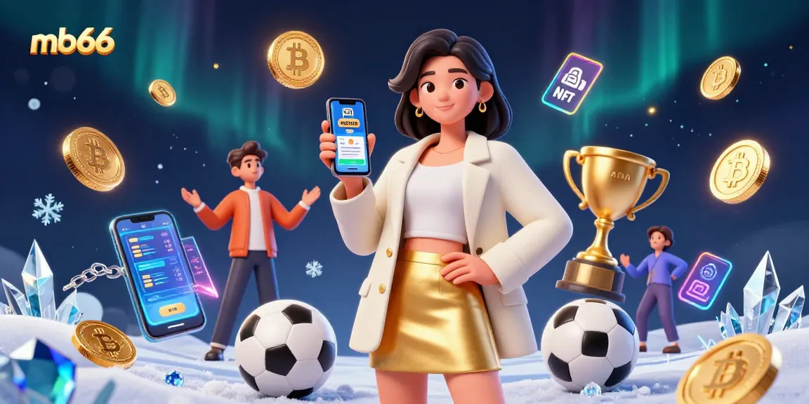 Enhance your betting experience with mb66 featuring an Asian woman exploring sports betting on her smartphone amidst vibrant 3D elements.