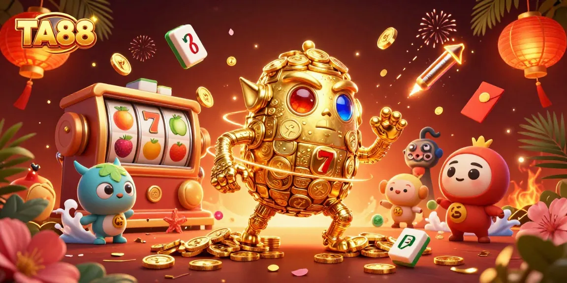 Experience the excitement of TA88 with vibrant slot machine symbols and a golden golem in action.