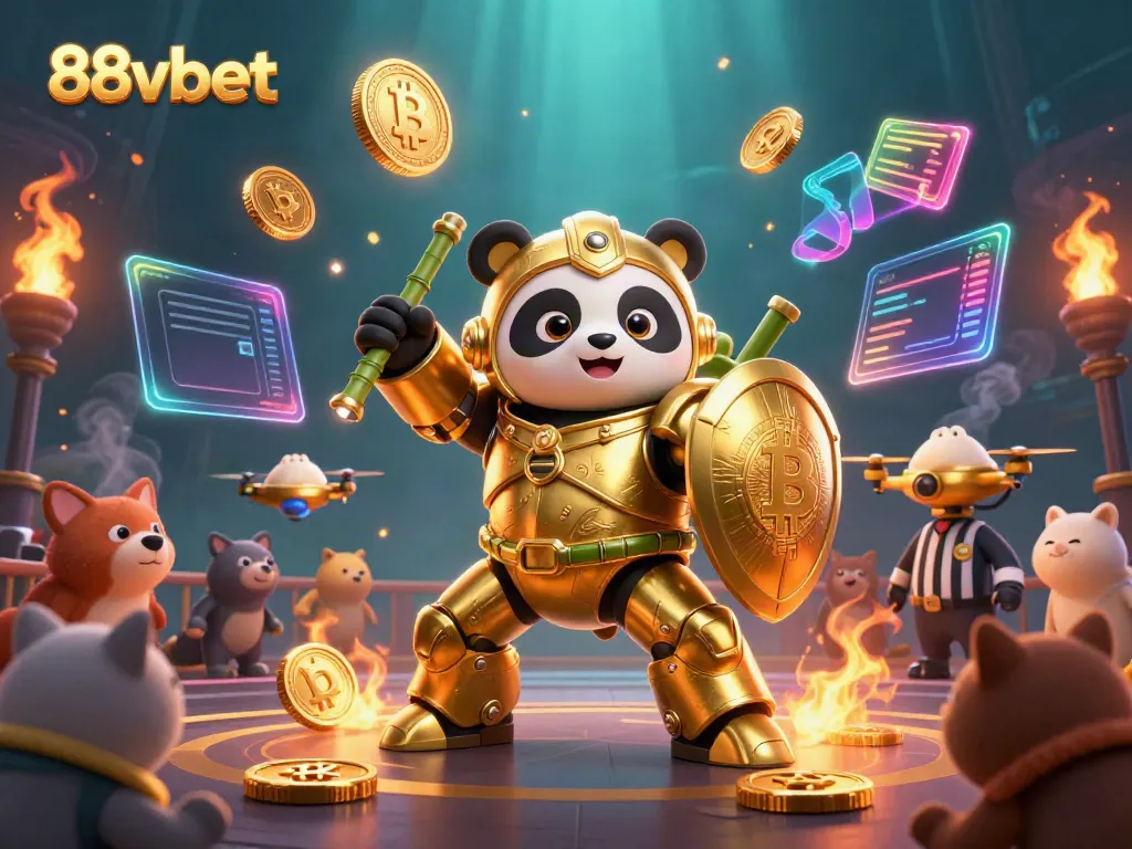 Experience the excitement of 88vbet in this vibrant 3D casino showdown featuring a mech-suit panda and crypto elements.