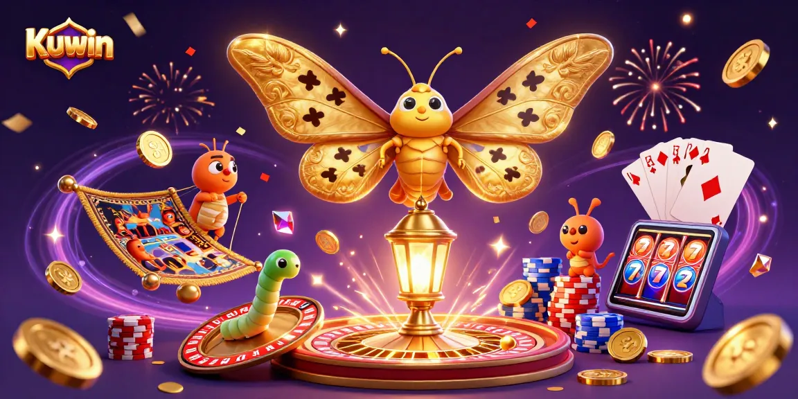 Kuwin brings excitement with 3D casino elements, including golden moths, coins, and roulette.