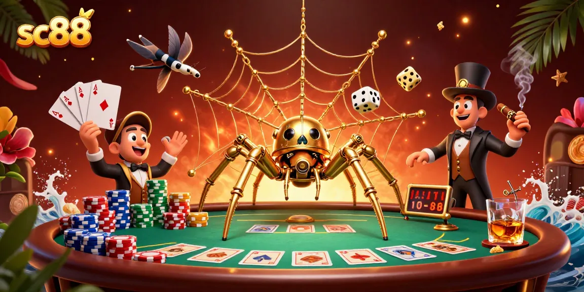 Experience thrilling sc88 poker action with a steampunk spider catching dice in a dynamic casino scene.