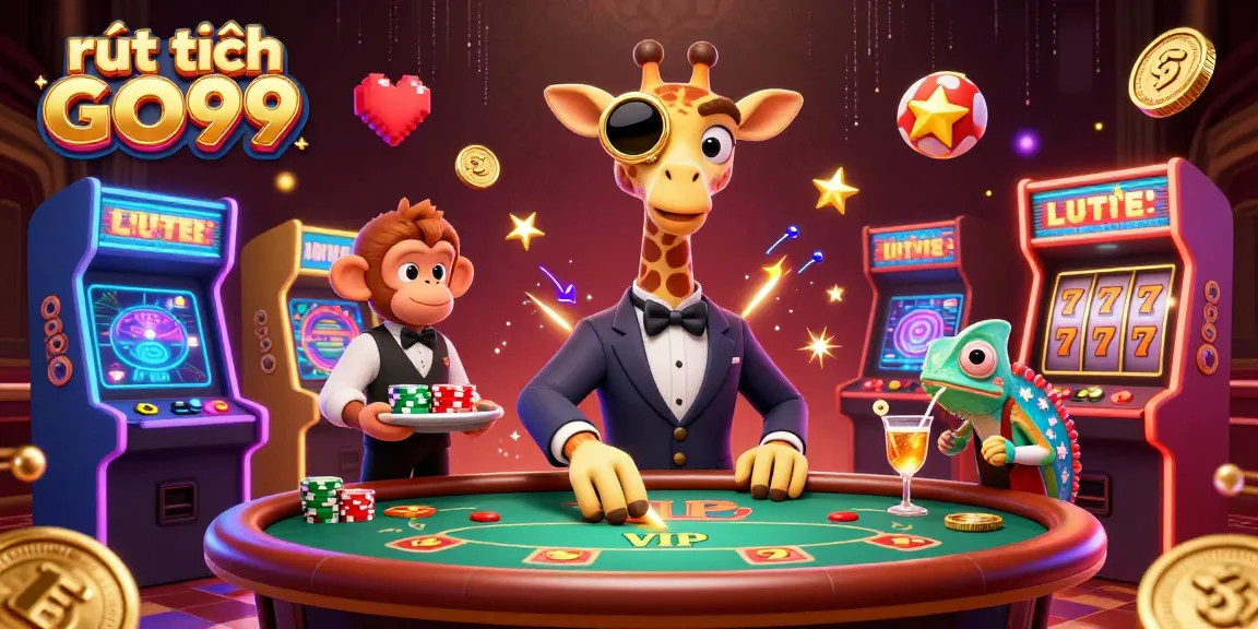 Experience rút tiền GO99 at a vibrant casino scene featuring a high-roller giraffe, a monkey valet, and a chameleon bartender.