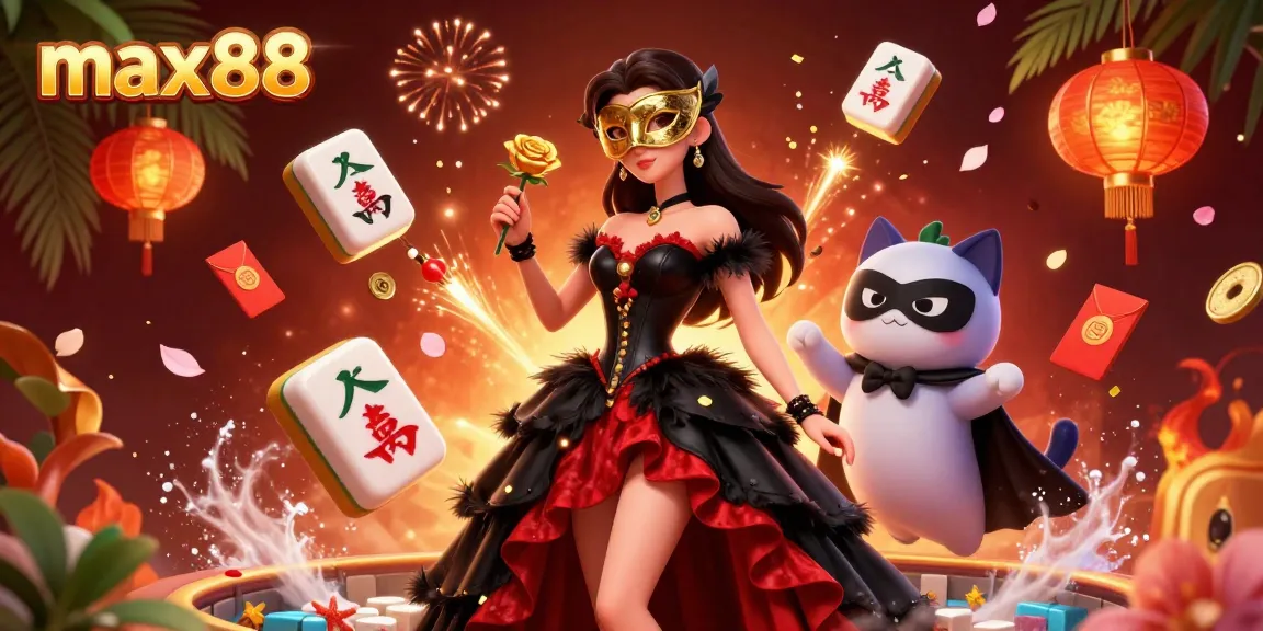 Experience the engaging max88 casino atmosphere with a stunning woman in ballroom attire and golden elements.
