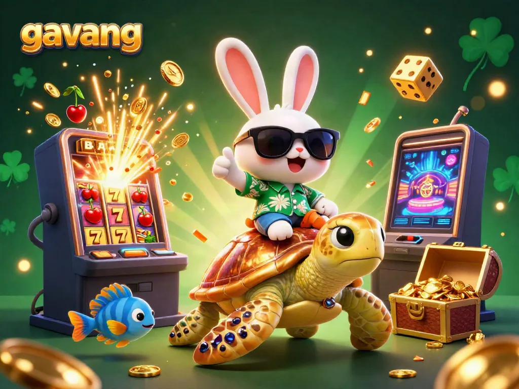 Spin and win at Gavang with lucky rabbit and golden turtle among slot machines and vibrant treasures.