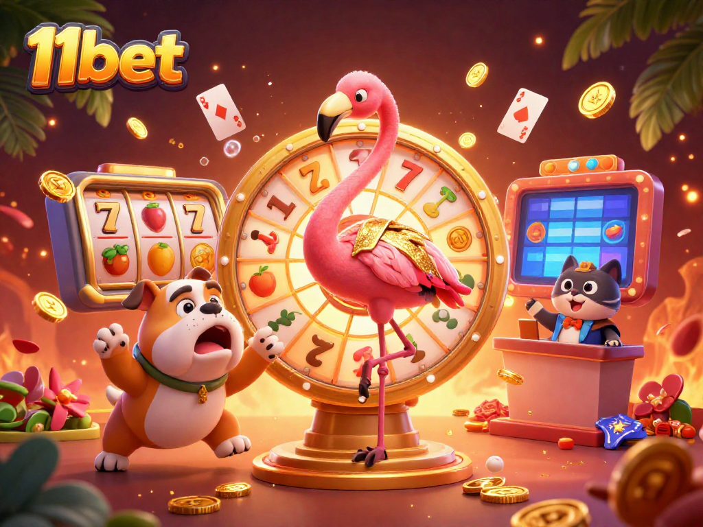 Engage with 11bet’s exciting casino scene featuring a flamingo host and bulldog contestant spinning a prize wheel.