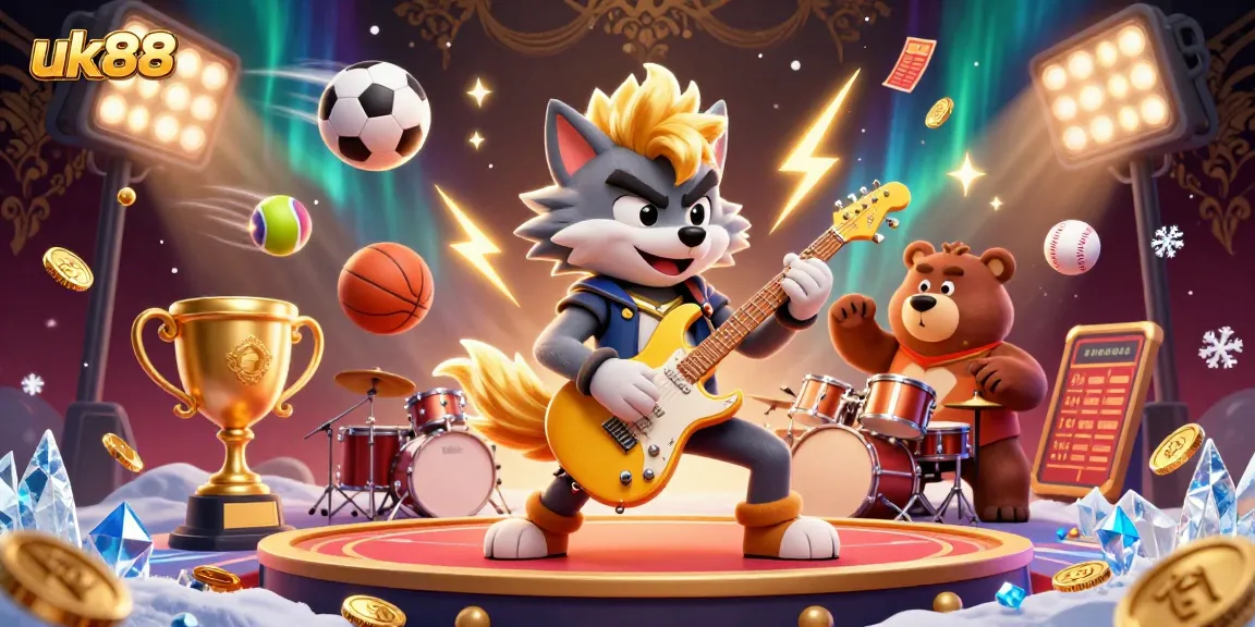 Join the excitement at uk88 with a dazzling casino scene filled with lively characters and sports elements.