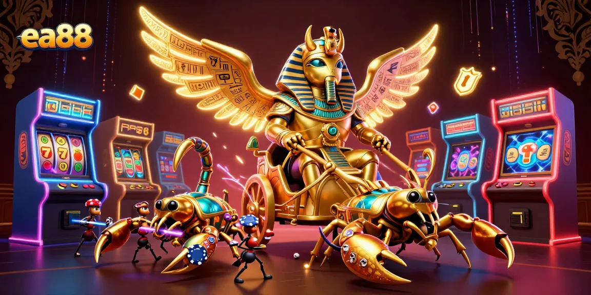Experience exhilarating gameplay at ea88 with a vibrant scene combining a golden scarab, 3D slot games, and dynamic casino elements.