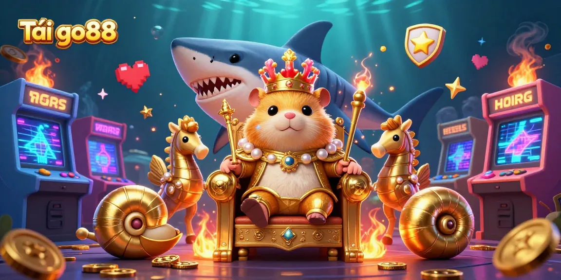 Tải go88 showcases vibrant casino elements with a playful hamster king in a dynamic gaming scene.