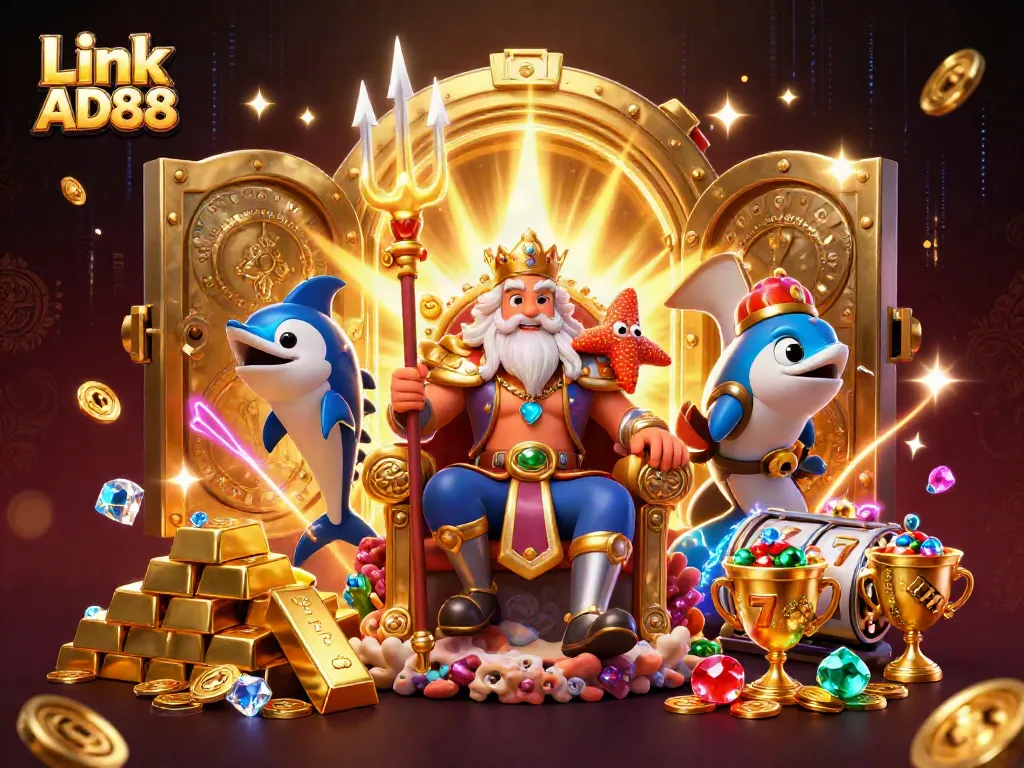 Experience the excitement at Link AD88 with a sea king, vibrant treasures, and dynamic casino elements.