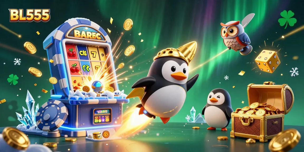 Experience BL555's vibrant 3D casino adventure with a golden penguin and jackpot excitement.