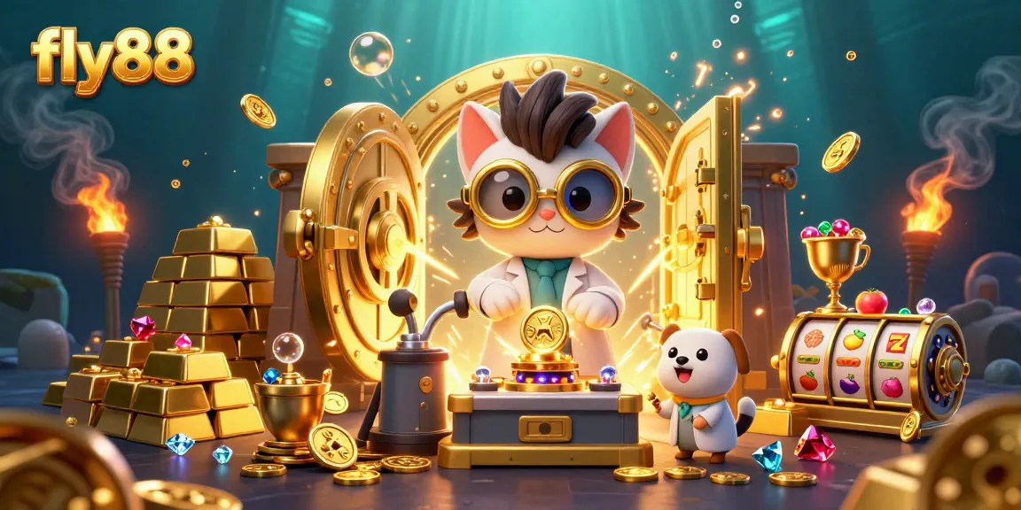 Experience the excitement of fly88 with a vibrant 3D illustration showcasing a mad scientist cat and a loyal dog in a casino-themed scene.