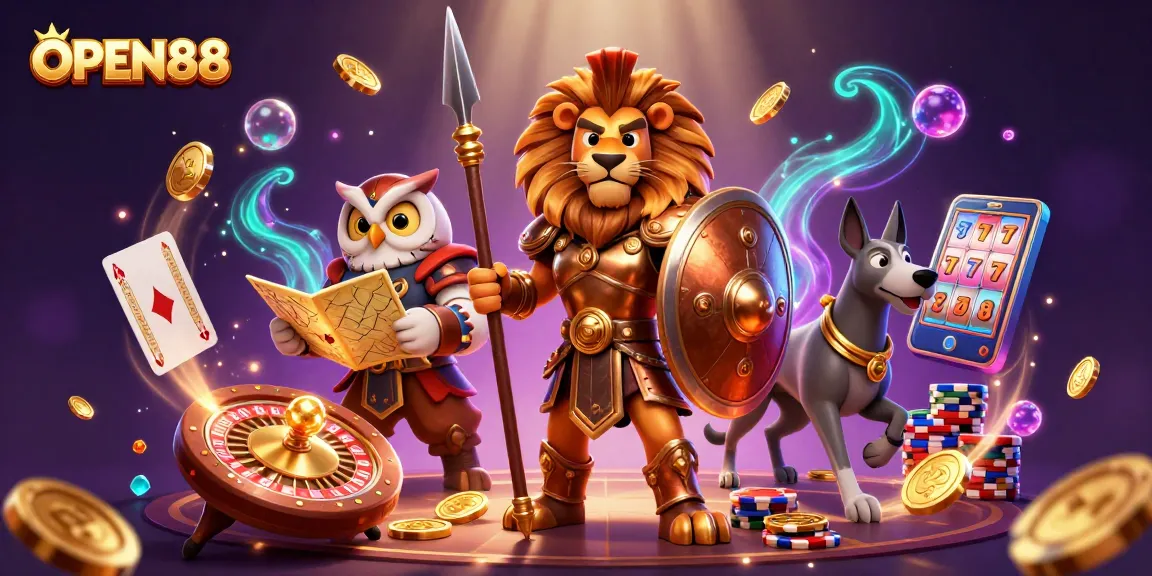 Experience an exhilarating OPEN88 casino scene with cartoon characters amidst cascading coins and dynamic gambling elements.