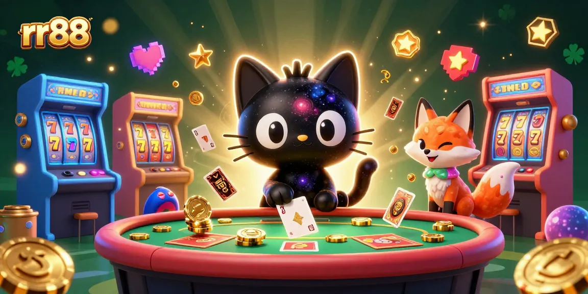 Join the excitement at rr88 with a vibrant cosmic casino scene featuring colorful game elements and charismatic characters.
