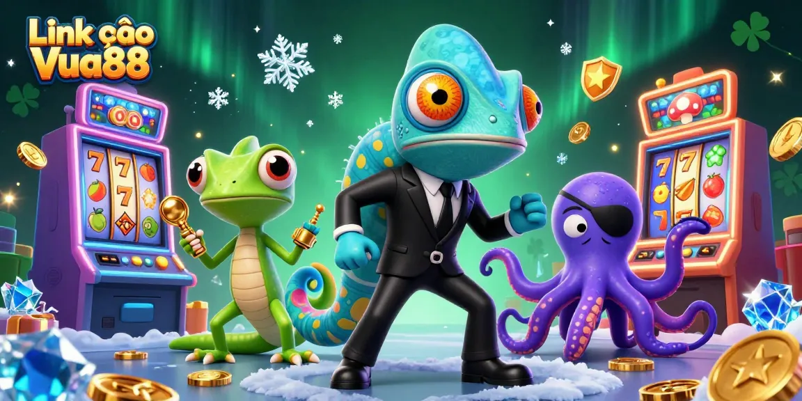 Engage with Link vào Vua88 through vibrant casino visuals showcasing slot machines and charming characters.