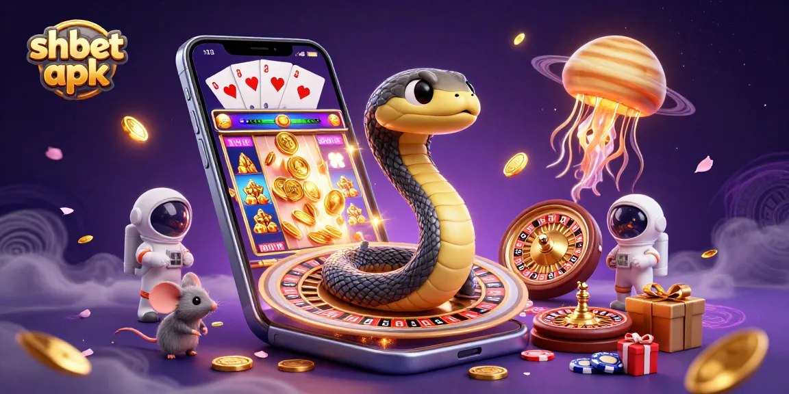 Bet on shbet apk with dynamic 3D casino illustration filled with gaming elements.