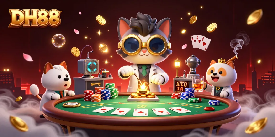Immerse yourself in DH88's excitement with this animated illustration featuring a cartoon scientist and gambling elements.