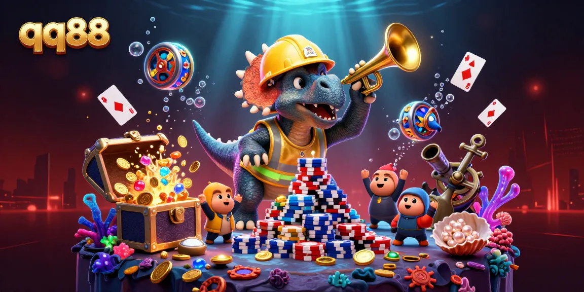 qq88 brings excitement to online gaming with a vibrant 3D casino illustration featuring thrilling casino elements.