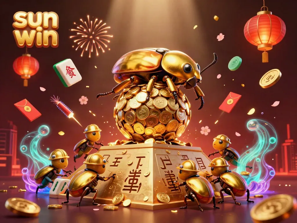 Engage with the vibrant sun win gaming universe featuring golden beetles, coins, and lucky symbols.