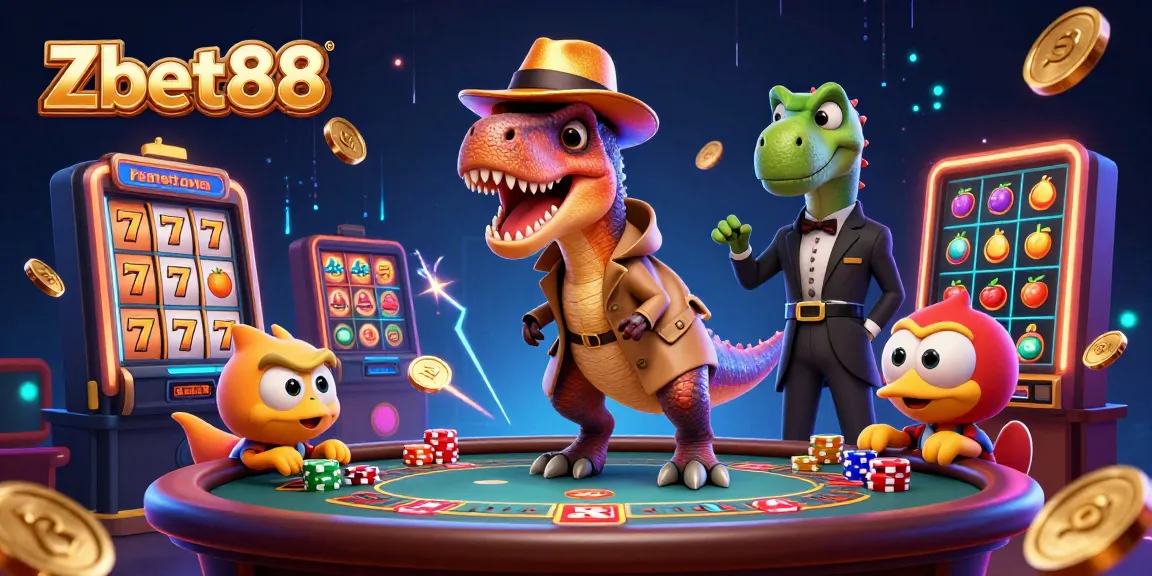 Zbet88 brings a vibrant blackjack scene featuring a velociraptor card counter and animated jackpot elements for an engaging gaming adventure.