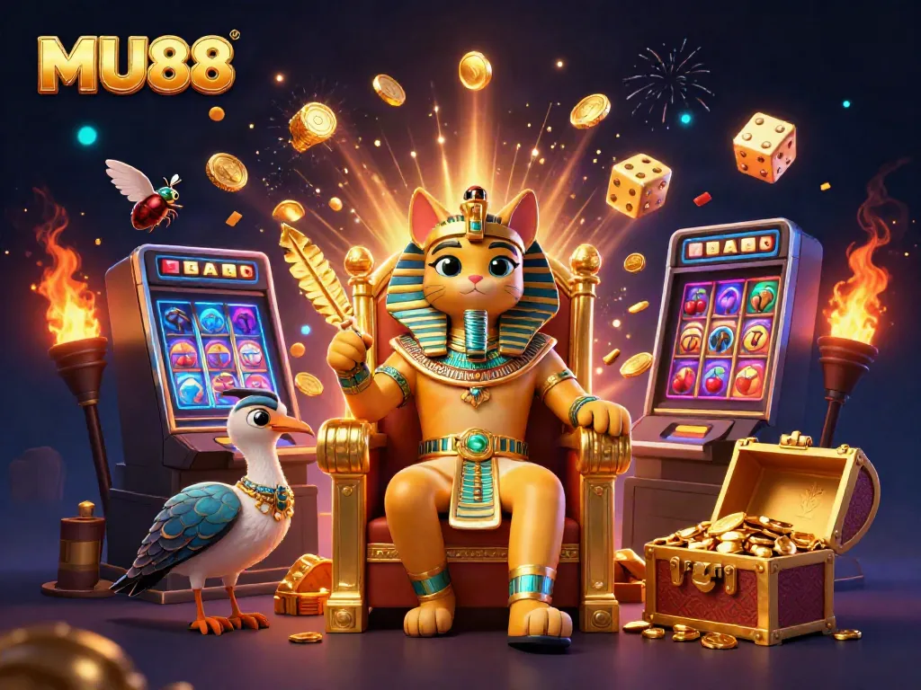Join the excitement at MU88 with a vibrant scene of a golden pharaoh cat and gaming elements.