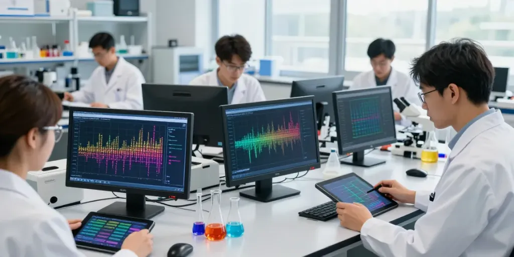 Researchers studying the H19 gene in a modern laboratory setting, showcasing collaboration and innovation.