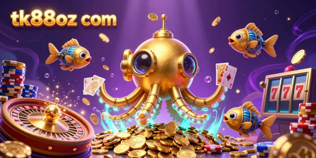Engaging players at tk88oz com with a thrilling underwater casino adventure, showcasing a golden kraken submarine surrounded by cascading coins, cards, and chips.