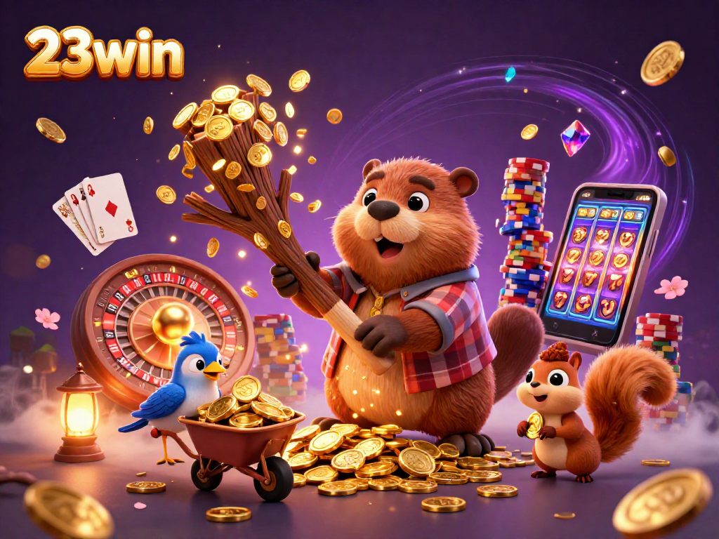 Experience thrilling wins at 23win with a vibrant 3D casino scene filled with golden coins and excitement.