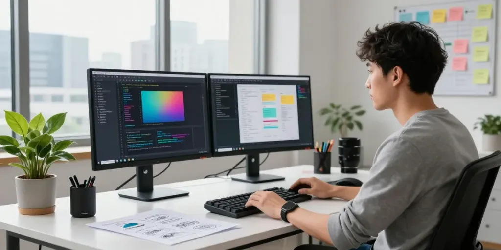 Developer yang fokus pada kode di ruang kerja modern dengan elemen teknologi, tisu4d.