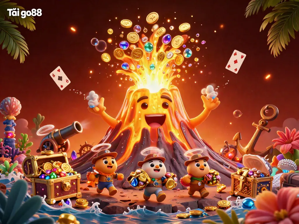 Tải go88 showcases a jubilant volcano erupting treasure in a vibrant casino-themed illustration.