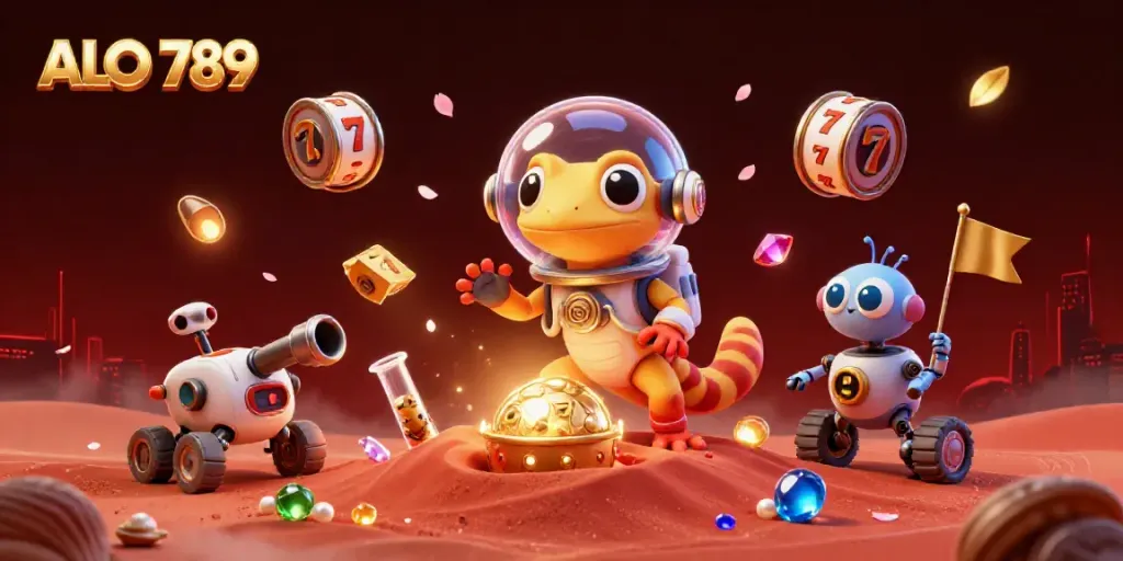 Experience the thrilling world of ALO 789 through a vibrant scene showcasing a Martian gecko exploring a gold casino.