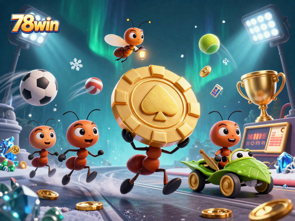 Team of ants targeting a heist, carrying a massive poker chip while surrounded by sports elements - 78win.