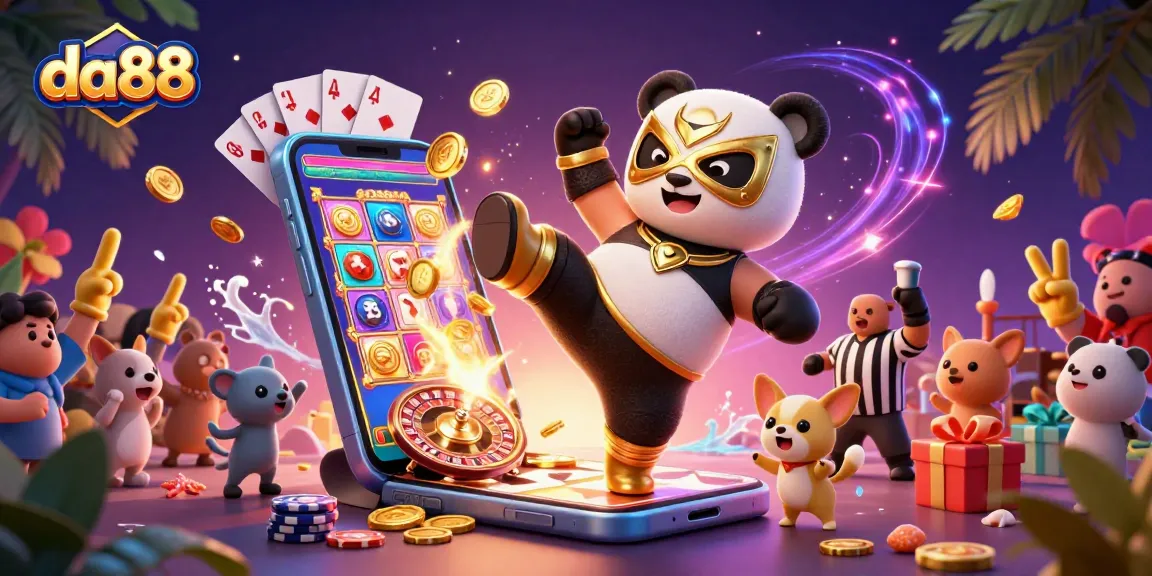 Experience the excitement of da88 with a vibrant 3D illustration of a panda wrestler amidst dynamic casino elements.
