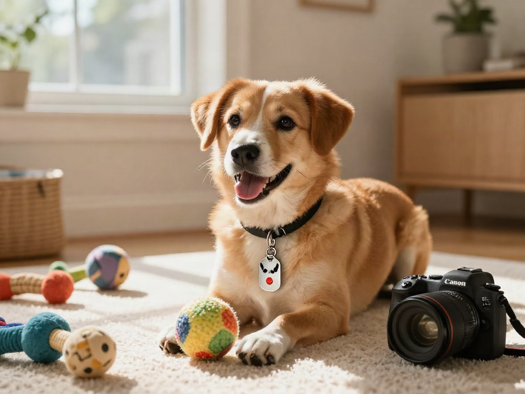Gepersonaliseerde hondenpenningen op een blije hond in een gezellige woonkamer.