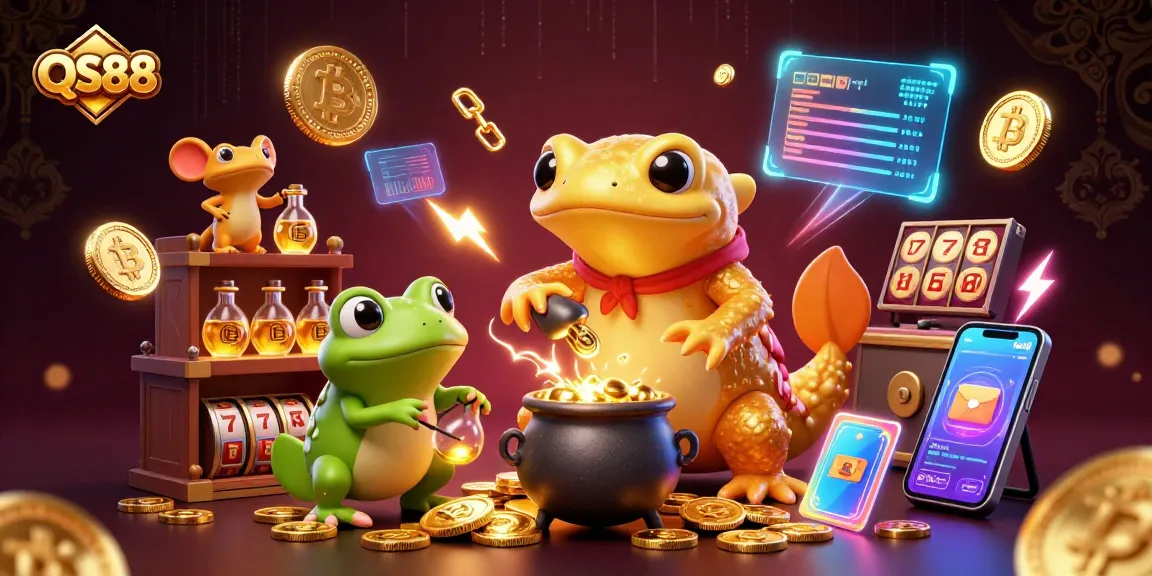 QS88 showcases a magical scene with alchemists and crypto coins in a vibrant casino illustration.