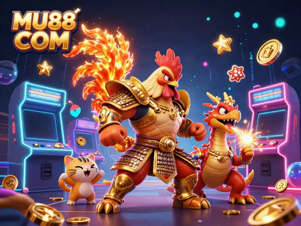 Play engaging games and win prizes at MU88 COM, featuring dynamic 3D characters and vibrant arcade elements.