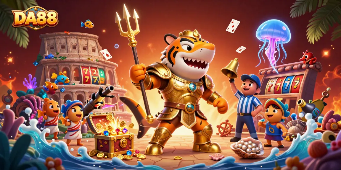 Experience thrilling wins at DA88 with a dynamic underwater casino adventure featuring playful characters.