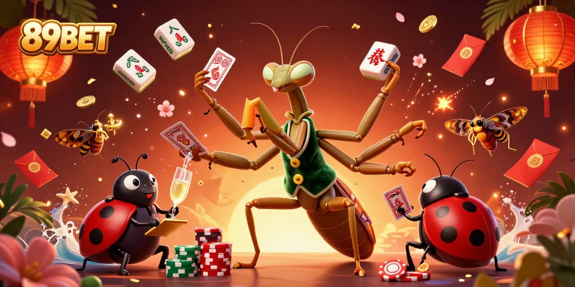 Engage with 89BET's vibrant casino energy featuring a praying mantis card sharp and ladybug pit boss.