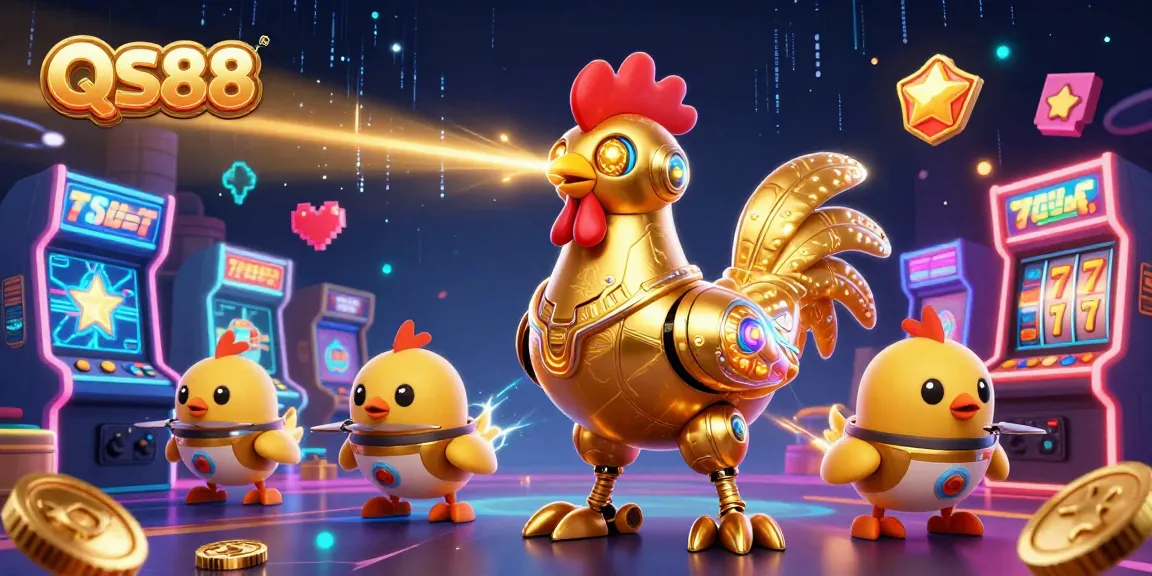 Watch as the QS88 golden rooster robot blasts laser beams, surrounded by dynamic game elements.