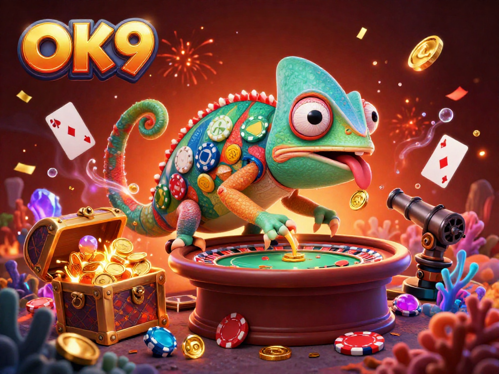 Play slots with OK9's vibrant chameleon casino owner amidst golden treasure and colorful gems.