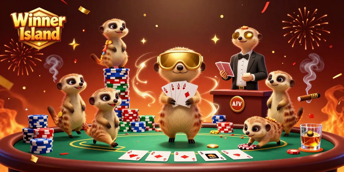 Winner Island casino scene showcasing meerkats as dealers and players celebrating wins.