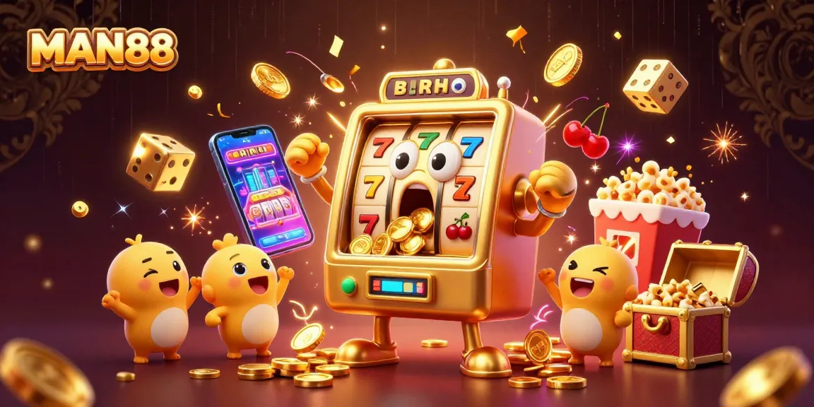 MAN88's cheerful golden slot machine celebrating a jackpot win with coins exploding, captivating online gambling illustration
