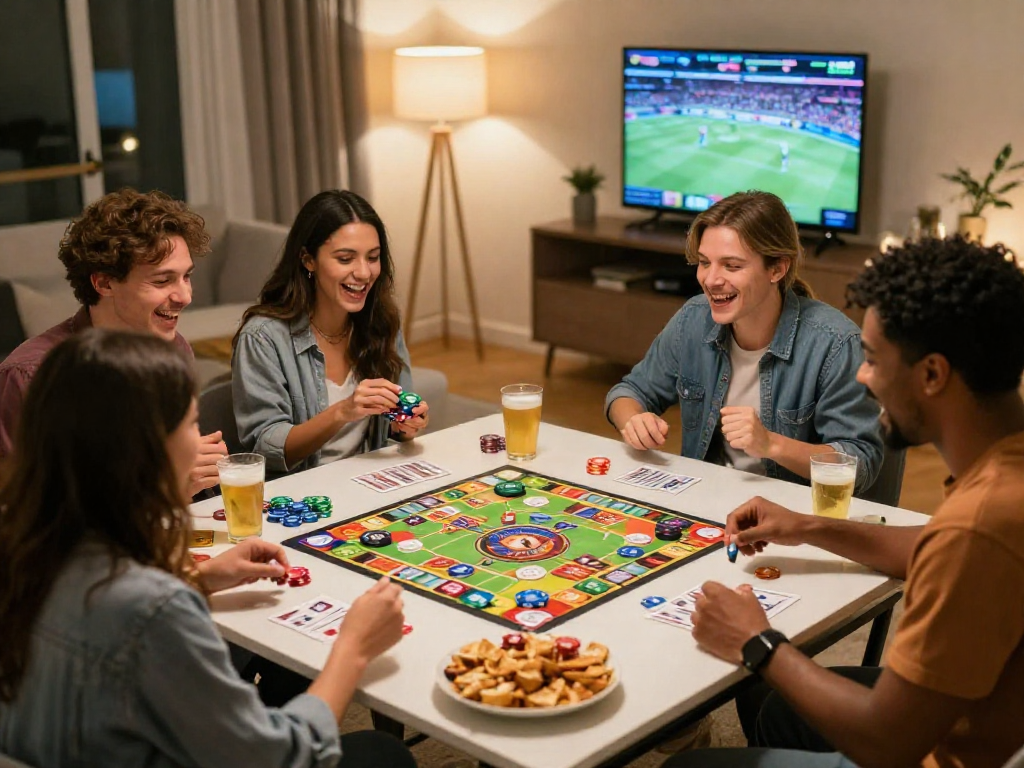 Friends enjoying game night with chips and cards related to http://oxbet-app.com.