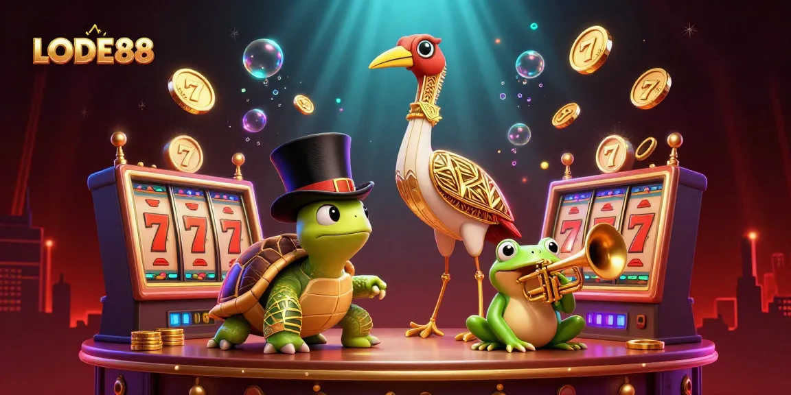 Experience exciting wins with LODE88 at the lively casino scene featuring vibrant characters and slot machines.