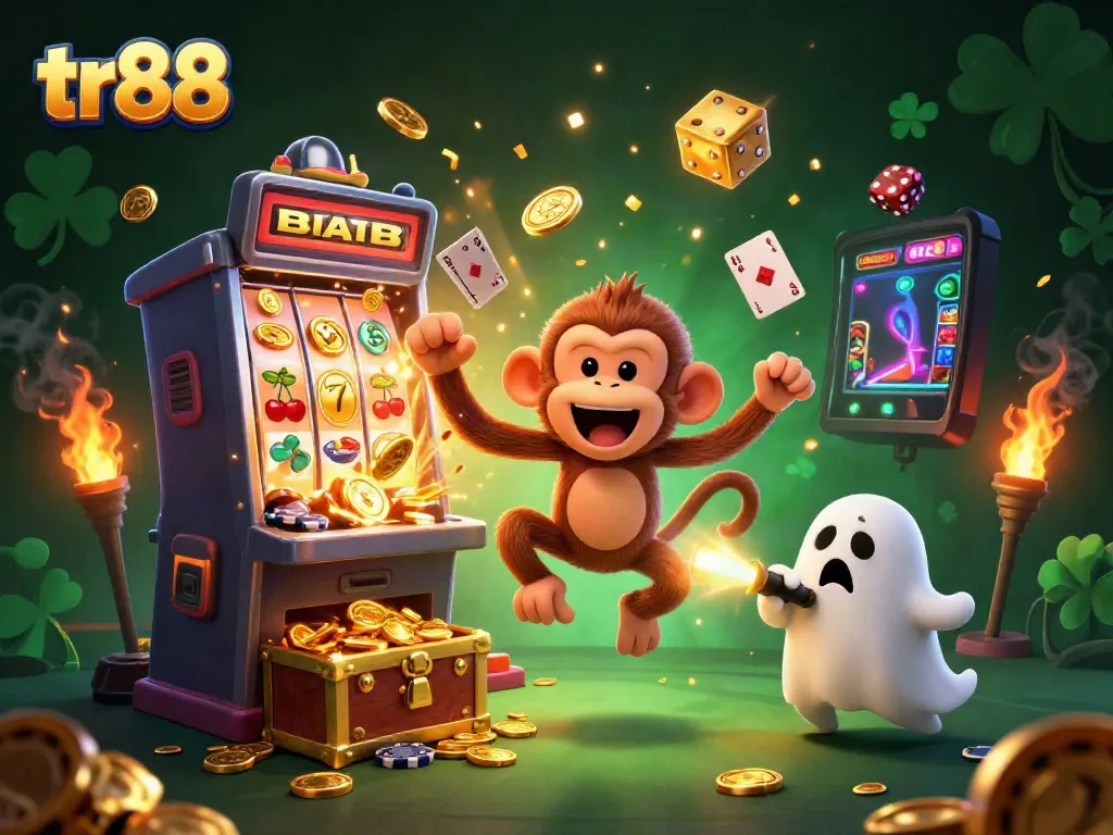 Engaging illustration of the TR88 casino featuring a playful poltergeist monkey and ghost-hunter puppy amidst a jackpot, emphasizing the excitement of gaming.